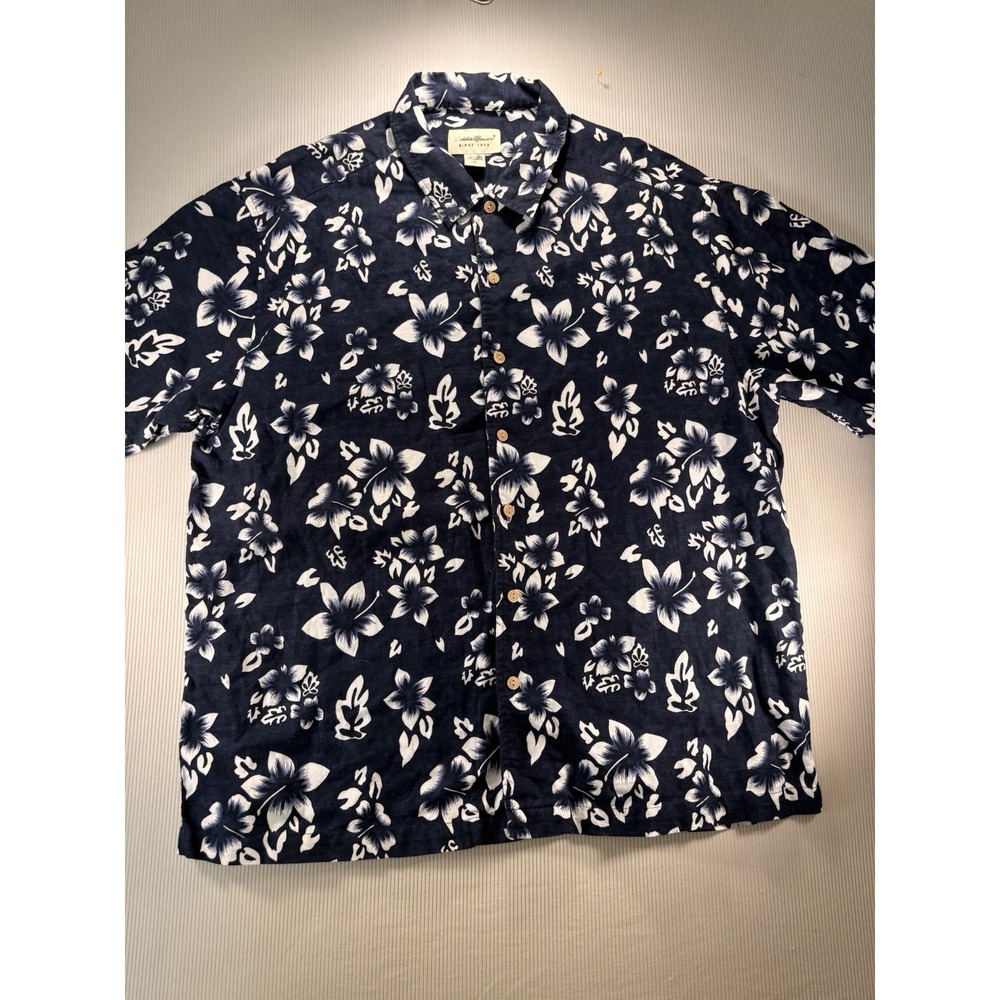 Eddie Bauer Linen Shirt Men's XL White Navy Floral Short Sleeve Button Up